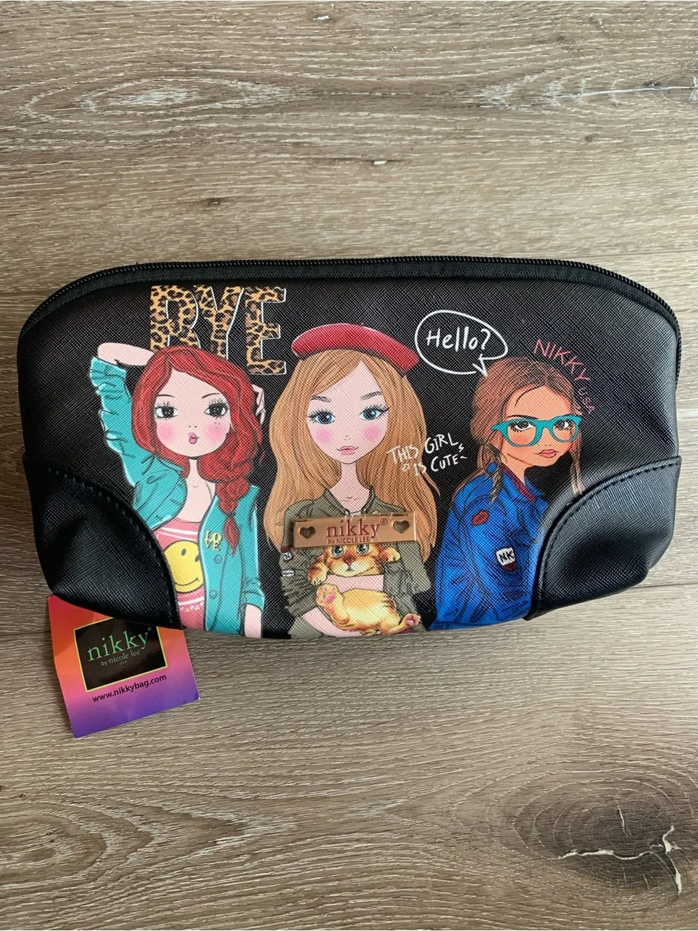 Nikky by Nicole Lee GIRLS WANT TO HAVE FUN  and cat Cosmetic Bag Dot Lining NWT